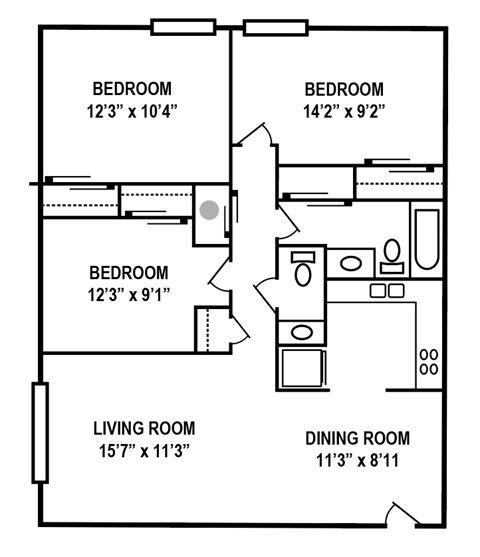 A black and white image of a floor plan for a house with four bedrooms, a living room, and a dining room.